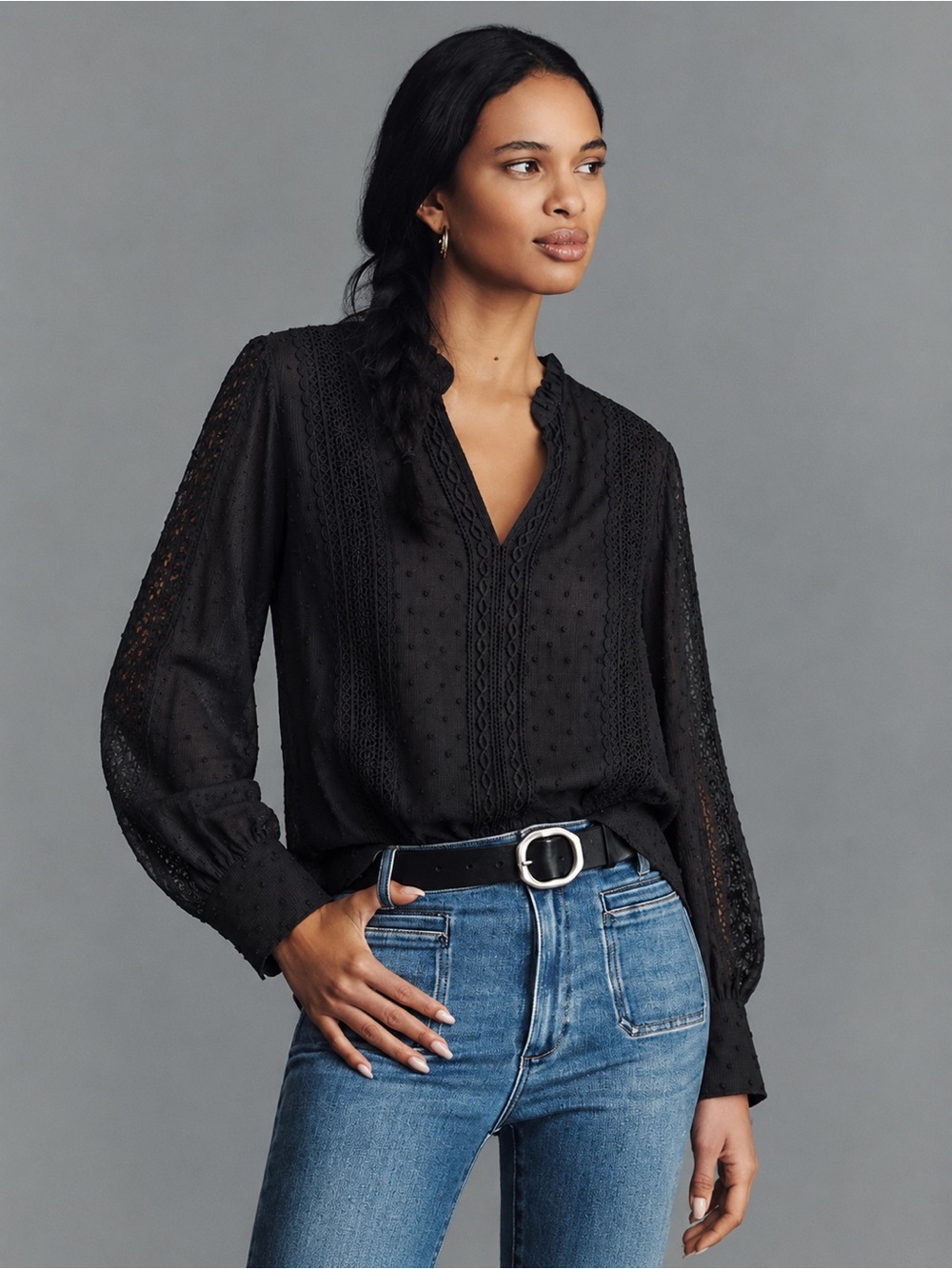 Black Lace-Trim V-Neck Long-Sleeve Blouse size M